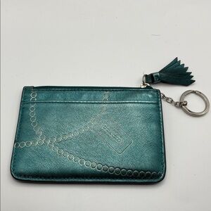 Coach Coin/Card Mini Wallet or Keychain In Metallic Green w/Silver Hardware